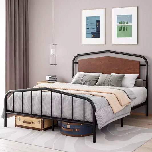 Metal Bed Frame with Wooden Headboard - Wrought Iron Platform Bed, Under Bed Storage, Easy Assembly for Industrial Style Bedroom