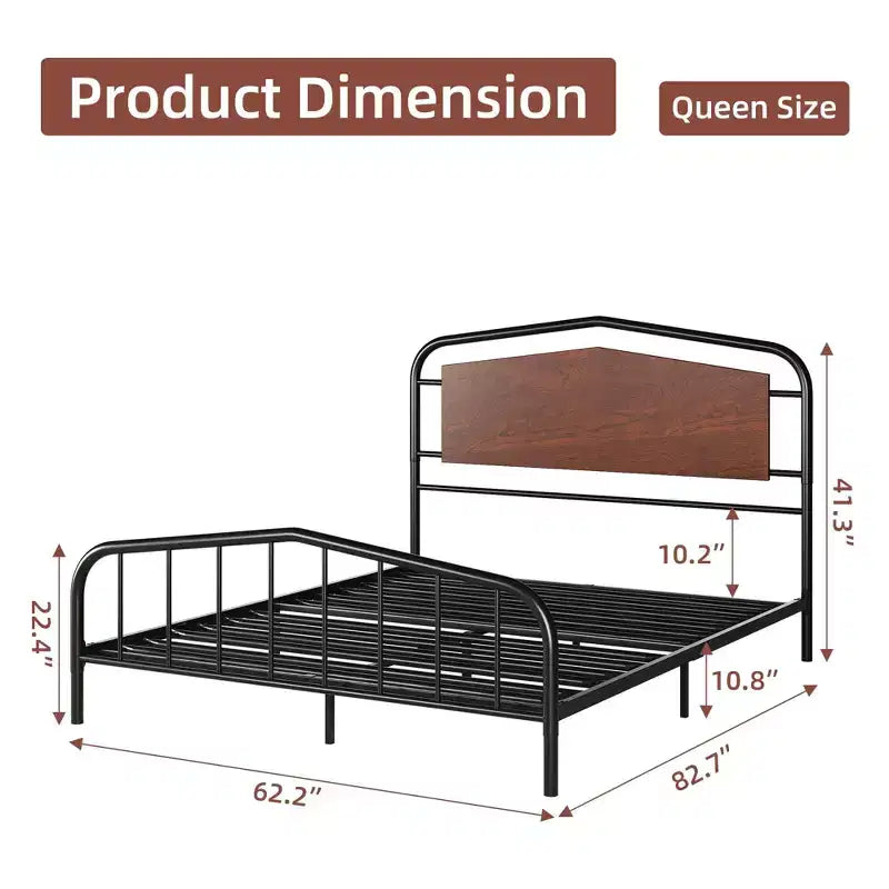 Cadre de lit en métal avec tête de lit en bois - Lit plateforme en fer forgé, Rangement sous le lit, Montage facile pour chambre à coucher de style industriel