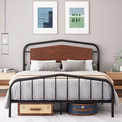 Cadre de lit en métal avec tête de lit en bois - Lit plateforme en fer forgé, Rangement sous le lit, Montage facile pour chambre à coucher de style industriel