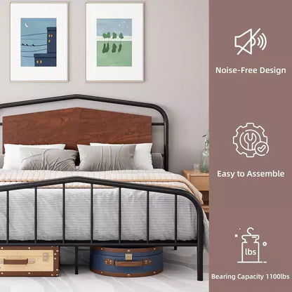 Cadre de lit en métal avec tête de lit en bois - Lit plateforme en fer forgé, Rangement sous le lit, Montage facile pour chambre à coucher de style industriel