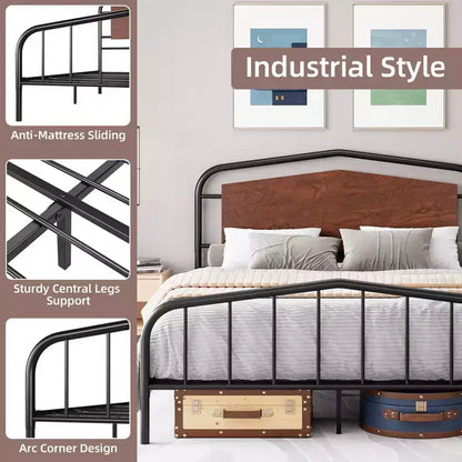 Cadre de lit en métal avec tête de lit en bois - Lit plateforme en fer forgé, Rangement sous le lit, Montage facile pour chambre à coucher de style industriel