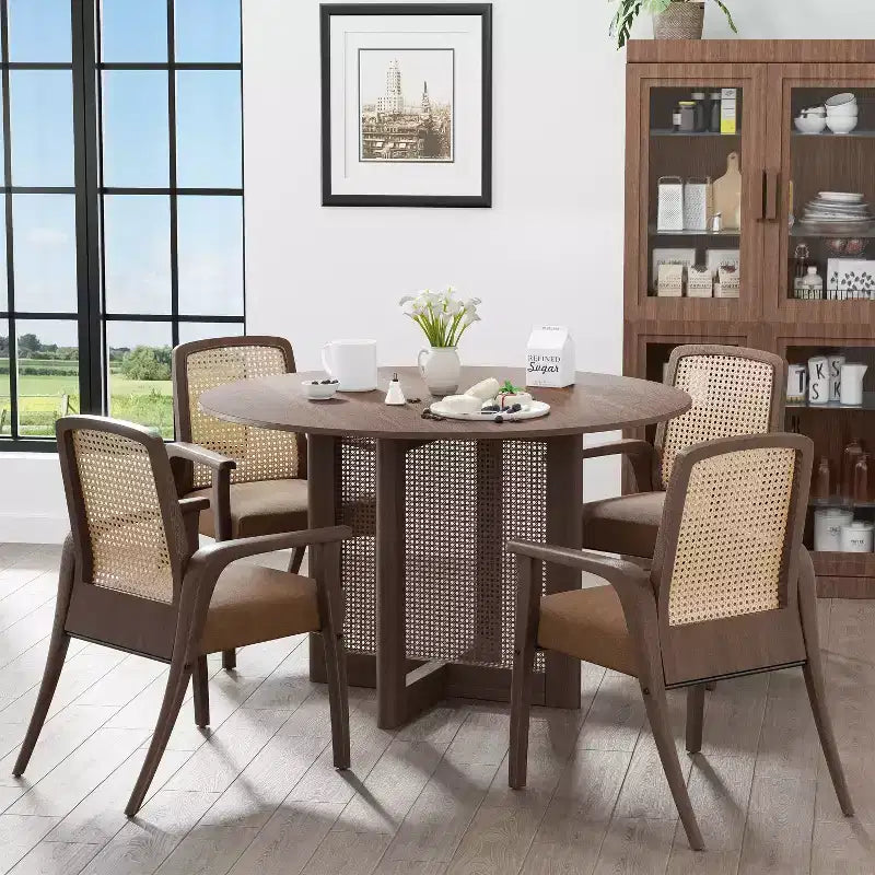 Table à manger ronde en rotin marron de 117 cm pour 4-6 personnes, convient pour la salle à manger et le salon
