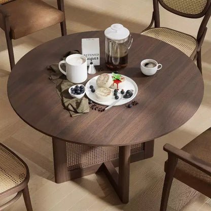 Table à manger ronde en rotin marron de 117 cm pour 4-6 personnes, convient pour la salle à manger et le salon