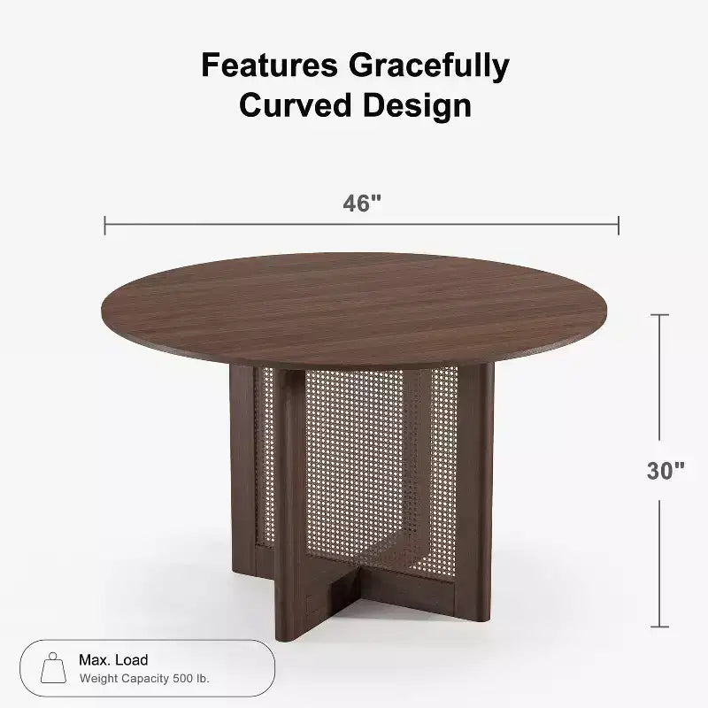 Table à manger ronde en rotin marron de 117 cm pour 4-6 personnes, convient pour la salle à manger et le salon