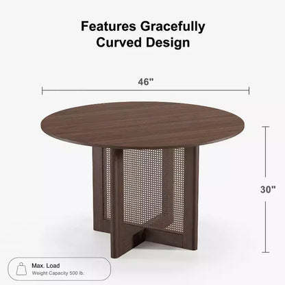 Table à manger ronde en rotin marron de 117 cm pour 4-6 personnes, convient pour la salle à manger et le salon