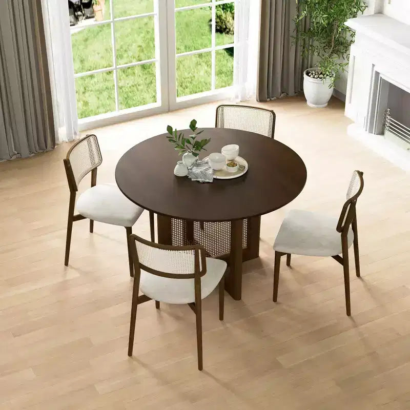 Table à manger ronde en rotin marron de 117 cm pour 4-6 personnes, convient pour la salle à manger et le salon