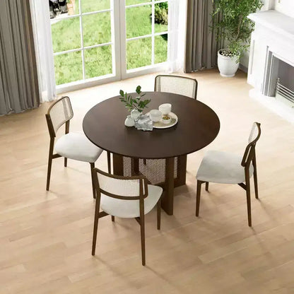 Table à manger ronde en rotin marron de 117 cm pour 4-6 personnes, convient pour la salle à manger et le salon