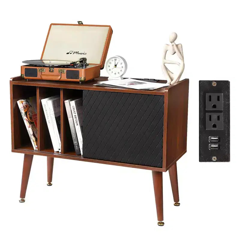 Record Player Stand with Vinyl Storage, Record Player Table Holds Up to 300 Albums, Turntable Stand with Charging Station for Living Room Bedroom