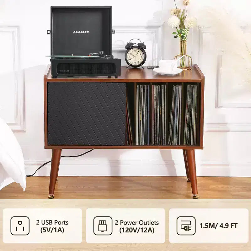 Meuble tourne-disque avec rangement pour vinyles, table tourne-disque pouvant contenir jusqu'à 300 albums, support tourne-disque avec station de charge pour salon ou chambre à coucher
