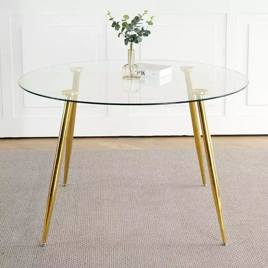 Okak Modern Round Dining Table with Tempered Glass Dining Room Table with Metal Spray Legs for Dining Room, Gold