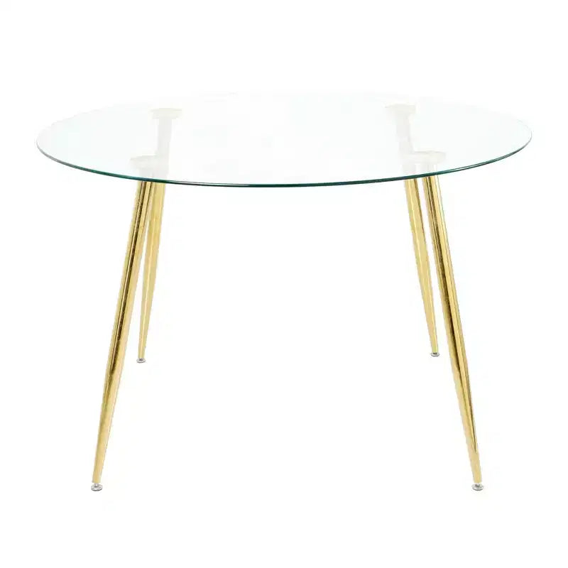Table à manger ronde moderne de 47" avec plateau en verre trempé et pieds en métal doré, 4 places