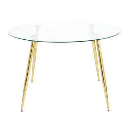 Table à manger ronde moderne de 47" avec plateau en verre trempé et pieds en métal doré, 4 places