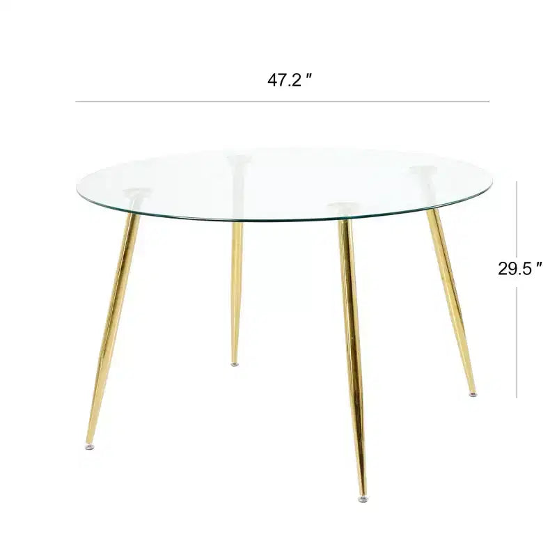 Table à manger ronde moderne de 47" avec plateau en verre trempé et pieds en métal doré, 4 places