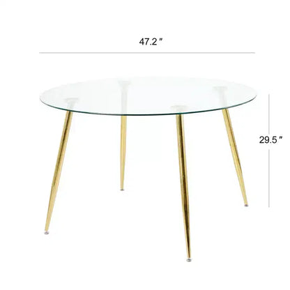 Table à manger ronde moderne de 47" avec plateau en verre trempé et pieds en métal doré, 4 places