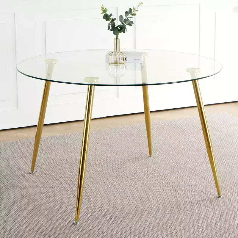 Table à manger ronde moderne de 47" avec plateau en verre trempé et pieds en métal doré, 4 places