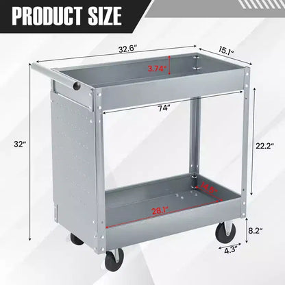 Chariot à outils à 2 plateaux, capacité de 400 lb, chariots à outils roulants avec roues, chariot utilitaire robuste avec panneau perforé, chariot de rangement d'outils de mécanicien