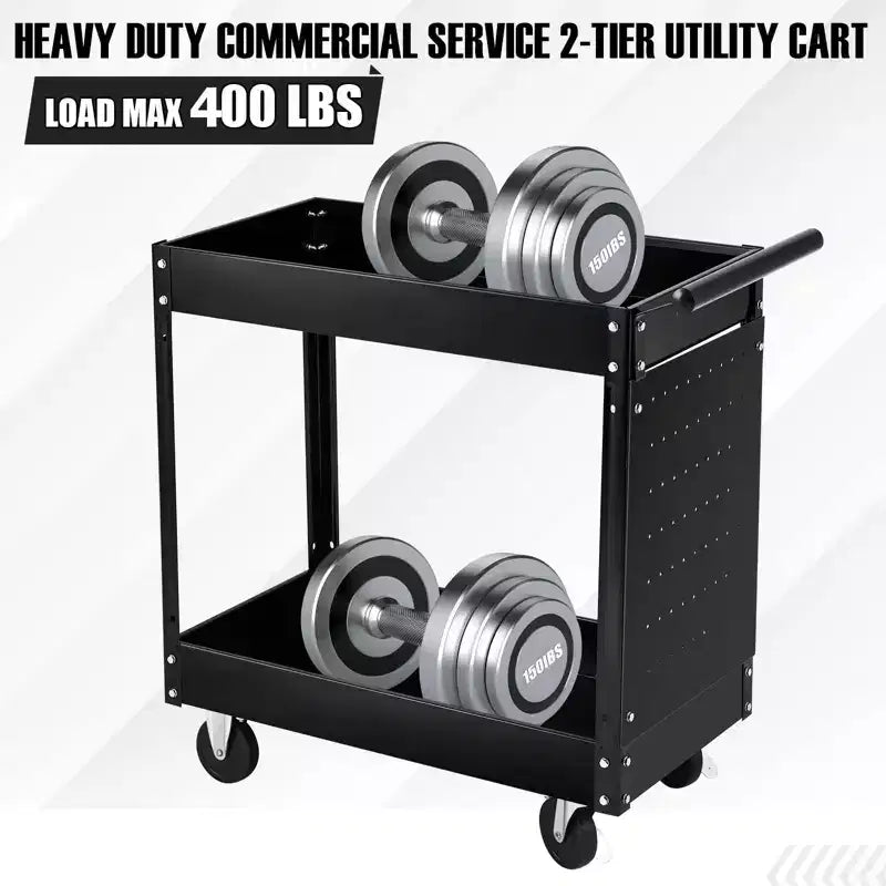 Chariot à outils à 2 plateaux, capacité de 400 lb, chariots à outils roulants avec roues, chariot utilitaire robuste avec panneau perforé, chariot de rangement d'outils de mécanicien
