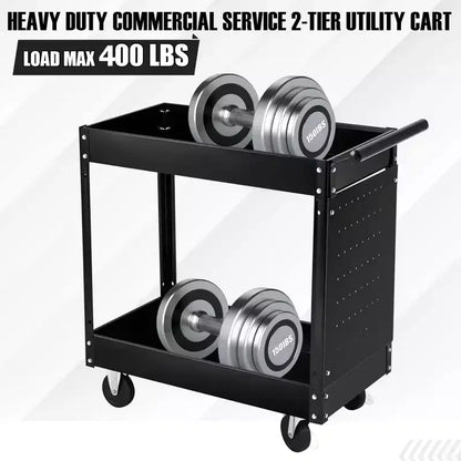 Chariot à outils à 2 plateaux, capacité de 400 lb, chariots à outils roulants avec roues, chariot utilitaire robuste avec panneau perforé, chariot de rangement d'outils de mécanicien