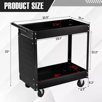 Chariot à outils à 2 plateaux, capacité de 400 lb, chariots à outils roulants avec roues, chariot utilitaire robuste avec panneau perforé, chariot de rangement d'outils de mécanicien