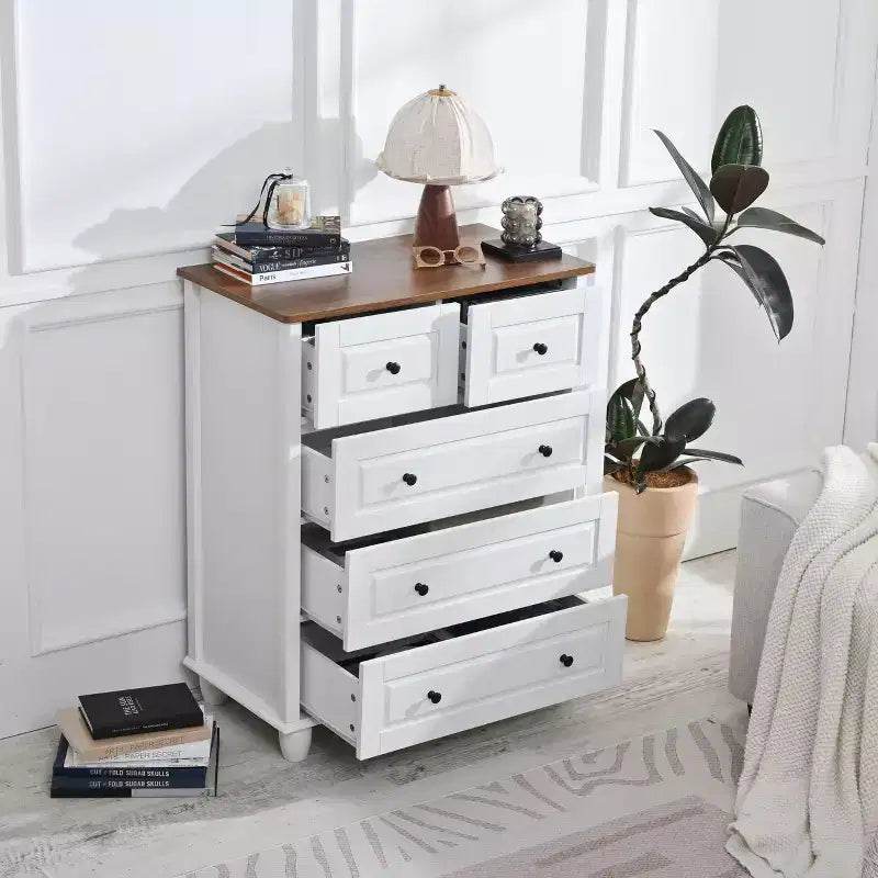 Meuble de rangement 5 tiroirs profonds pour salon et couloir, blanc