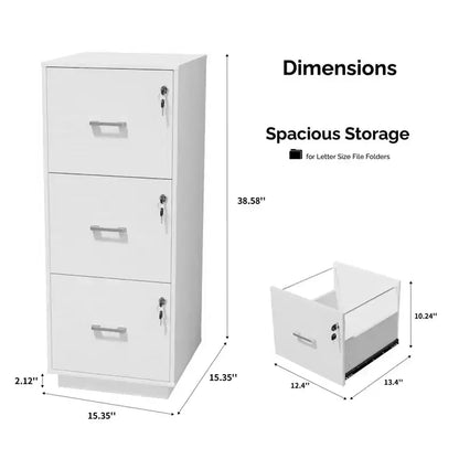 Meuble de classement vertical à 3 tiroirs en MDF blanc, 39 cm de large, avec serrure pour la maison et le bureau