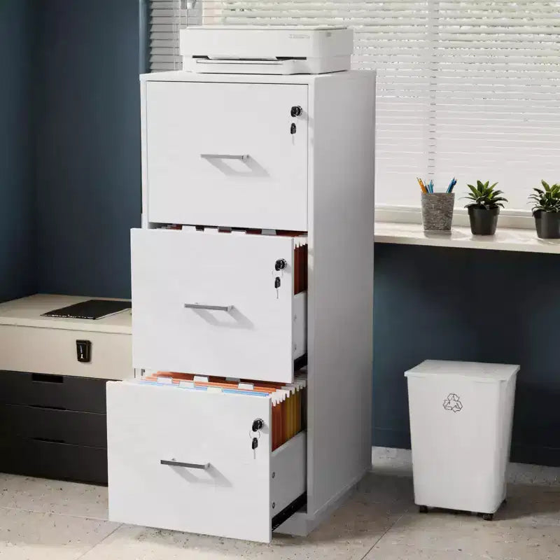 Meuble de classement vertical à 3 tiroirs en MDF blanc, 39 cm de large, avec serrure pour la maison et le bureau