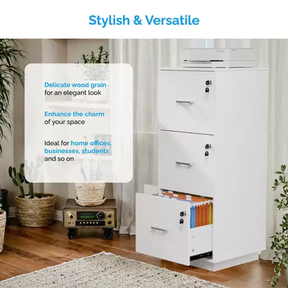 Meuble de classement vertical à 3 tiroirs en MDF blanc, 39 cm de large, avec serrure pour la maison et le bureau
