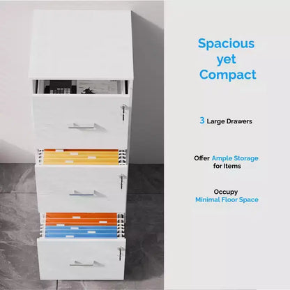 Meuble de classement vertical à 3 tiroirs en MDF blanc, 39 cm de large, avec serrure pour la maison et le bureau
