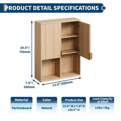 Meuble Haut de Salle de Bain Cannelé 23x29, Rangement WC avec Étagère Réglable et Charnières Amorties
