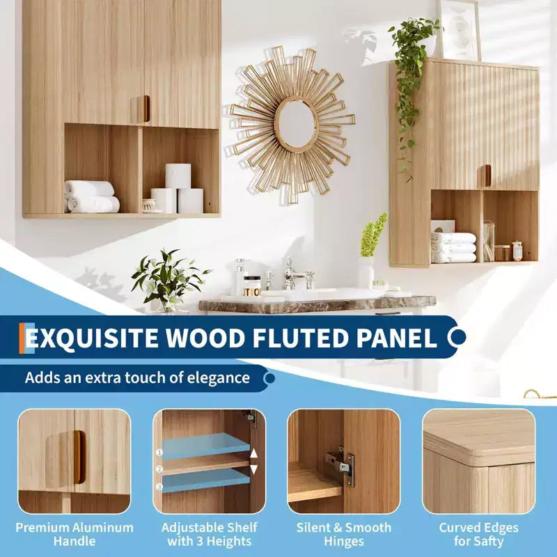 Meuble Haut de Salle de Bain Cannelé 23x29, Rangement WC avec Étagère Réglable et Charnières Amorties
