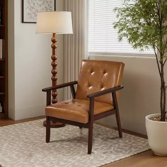 Fauteuil moderne du milieu du siècle avec cadre en bois massif, cuir PU, marron