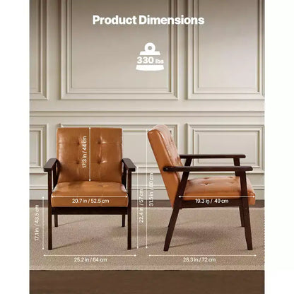 Fauteuil moderne du milieu du siècle avec cadre en bois massif, cuir PU, marron