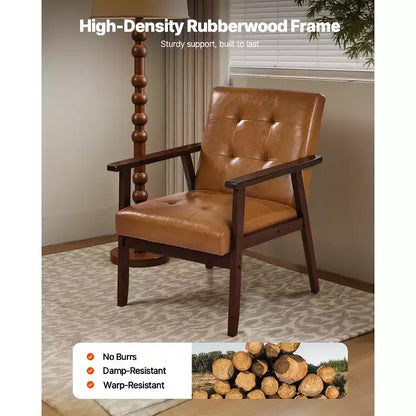 Fauteuil moderne du milieu du siècle avec cadre en bois massif, cuir PU, marron