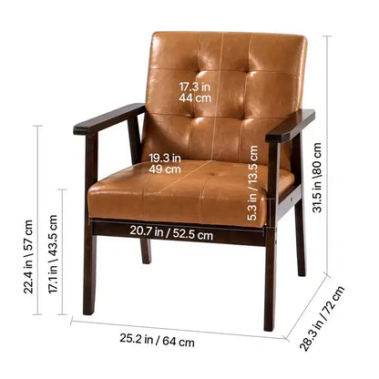 Fauteuil moderne du milieu du siècle avec cadre en bois massif, cuir PU, marron