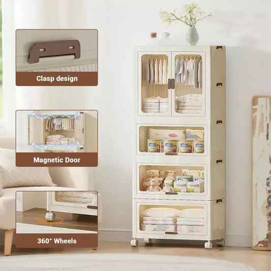 4 Tier Portable Kids Wardrobe Closet with Hanging Rod & Shelves - Foldable Children's Storage Organizer for Clothes, Toys, Books (White)