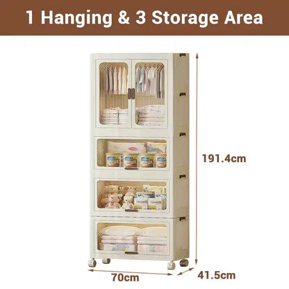 Armoire portable pour enfants à 4 niveaux avec tringle à vêtements et étagères - Organisateur de rangement pliable pour vêtements, jouets, livres (blanc)