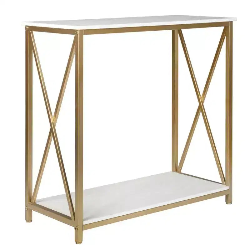 Table de console en bois et fer à 2 niveaux avec cadre en X, 78,2 x 35,1 x 76,2 cm, panneau blanc, cadre doré, pour entrée ou couloir