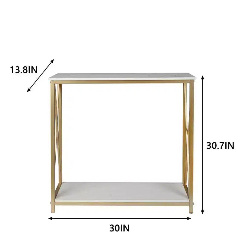 Table de console en bois et fer à 2 niveaux avec cadre en X, 78,2 x 35,1 x 76,2 cm, panneau blanc, cadre doré, pour entrée ou couloir
