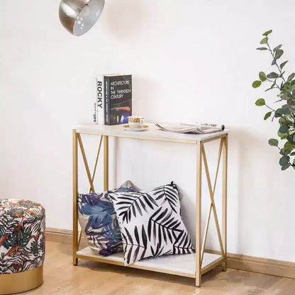 Table de console en bois et fer à 2 niveaux avec cadre en X, 78,2 x 35,1 x 76,2 cm, panneau blanc, cadre doré, pour entrée ou couloir