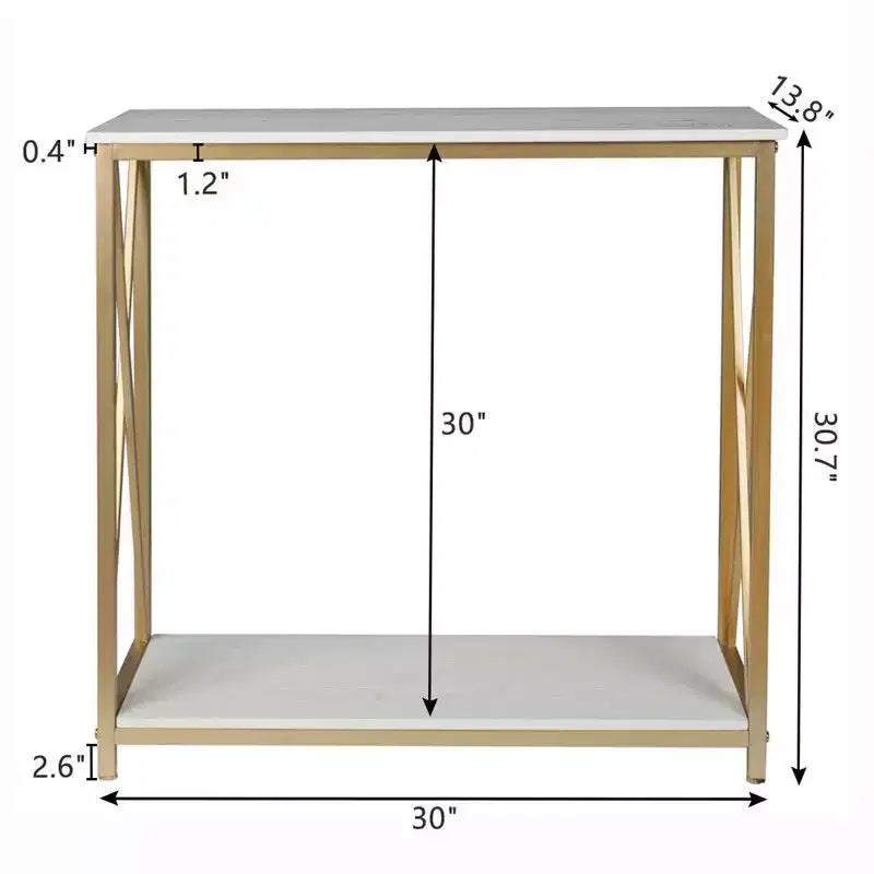 Table de console en bois et fer à 2 niveaux avec cadre en X, 78,2 x 35,1 x 76,2 cm, panneau blanc, cadre doré, pour entrée ou couloir