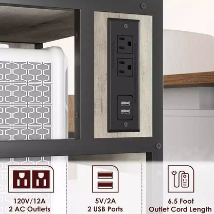 Support d'imprimante mobile avec prises de courant et ports USB, chariot roulant réglable à 3 niveaux, noir rustique