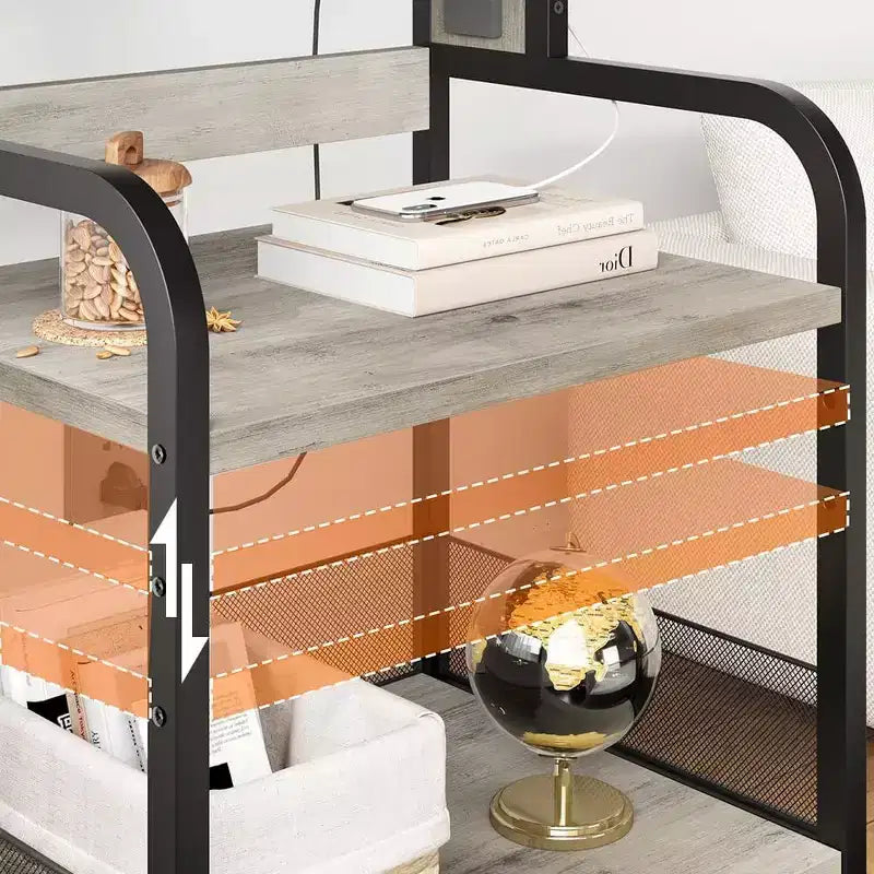 Support d'imprimante mobile avec prises de courant et ports USB, chariot roulant réglable à 3 niveaux, noir rustique