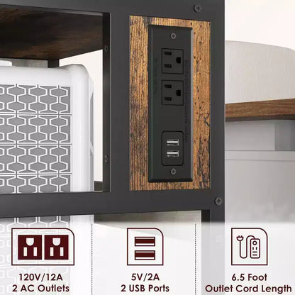 Support d'imprimante mobile avec prises de courant et ports USB, chariot roulant réglable à 3 niveaux, noir rustique