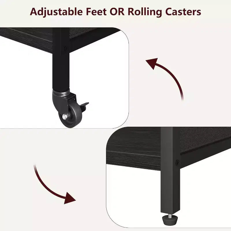 Support d'imprimante mobile avec prises de courant et ports USB, chariot roulant réglable à 3 niveaux, noir rustique