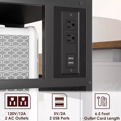 Support d'imprimante mobile avec prises de courant et ports USB, chariot roulant réglable à 3 niveaux, noir rustique