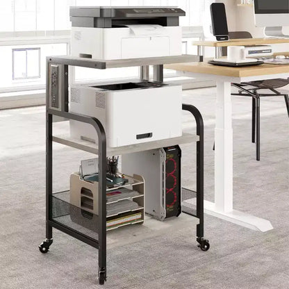 Support d'imprimante mobile avec prises de courant et ports USB, chariot roulant réglable à 3 niveaux, noir rustique