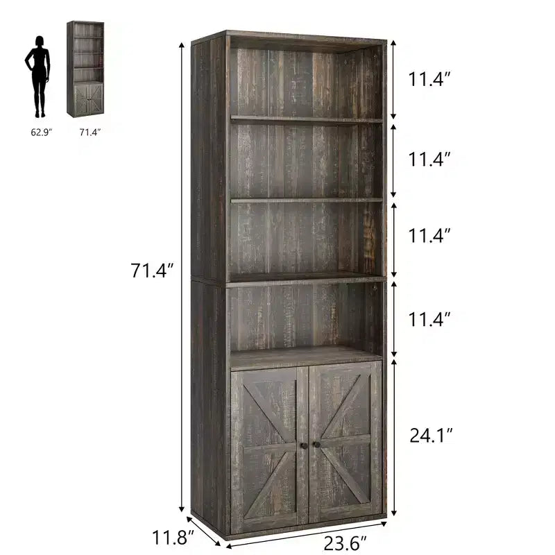 Étagère de ferme de 181,4 cm de haut avec portes, étagères de rangement de 30 cm de profondeur, bibliothèque industrielle en bois à 6 étagères pour salon