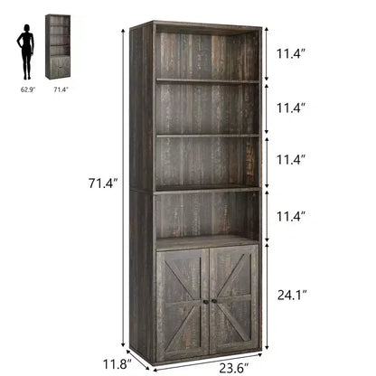 Étagère de ferme de 181,4 cm de haut avec portes, étagères de rangement de 30 cm de profondeur, bibliothèque industrielle en bois à 6 étagères pour salon