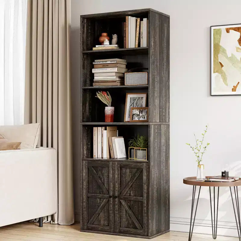 Étagère de ferme de 181,4 cm de haut avec portes, étagères de rangement de 30 cm de profondeur, bibliothèque industrielle en bois à 6 étagères pour salon