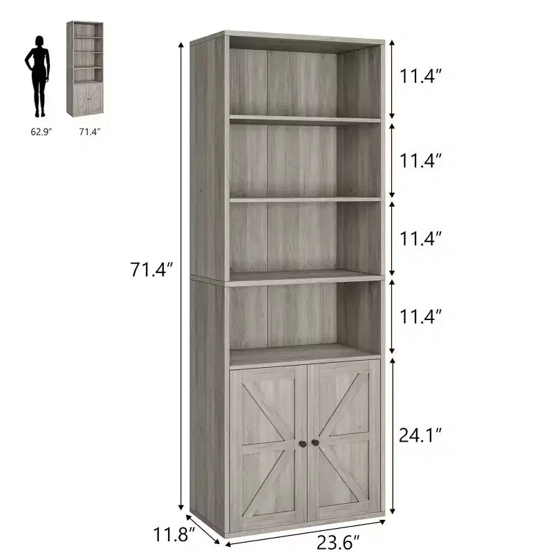 Étagère de ferme de 181,4 cm de haut avec portes, étagères de rangement de 30 cm de profondeur, bibliothèque industrielle en bois à 6 étagères pour salon